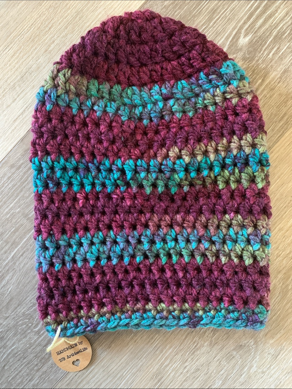New Chunky Apres Crochet Beanie Burgundy Teal Green Stripe